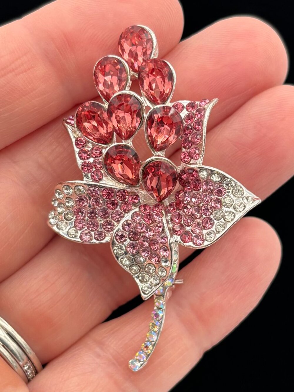Vintage Style Pink Rhinestone Grape Cluster Brooch Pin